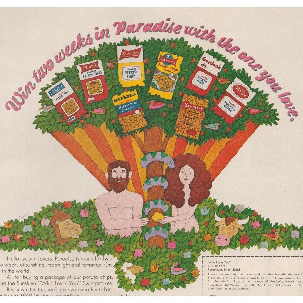 Vintage 1969 Sunshine Potato Chips Print Ad Sweepstakes Hippie Boho Rosemount MN
